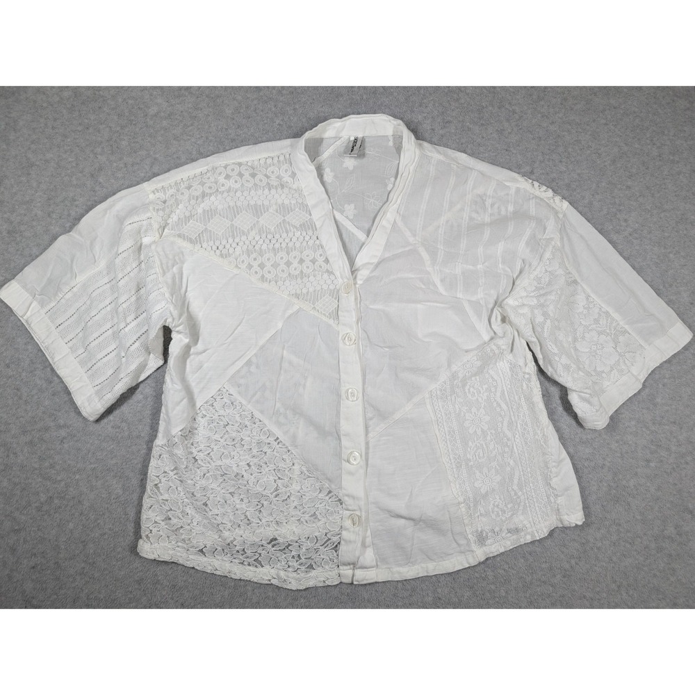 Sacred Threads Women Top‎ Large Floral Geo Lace Patchwork Sheer Button Up